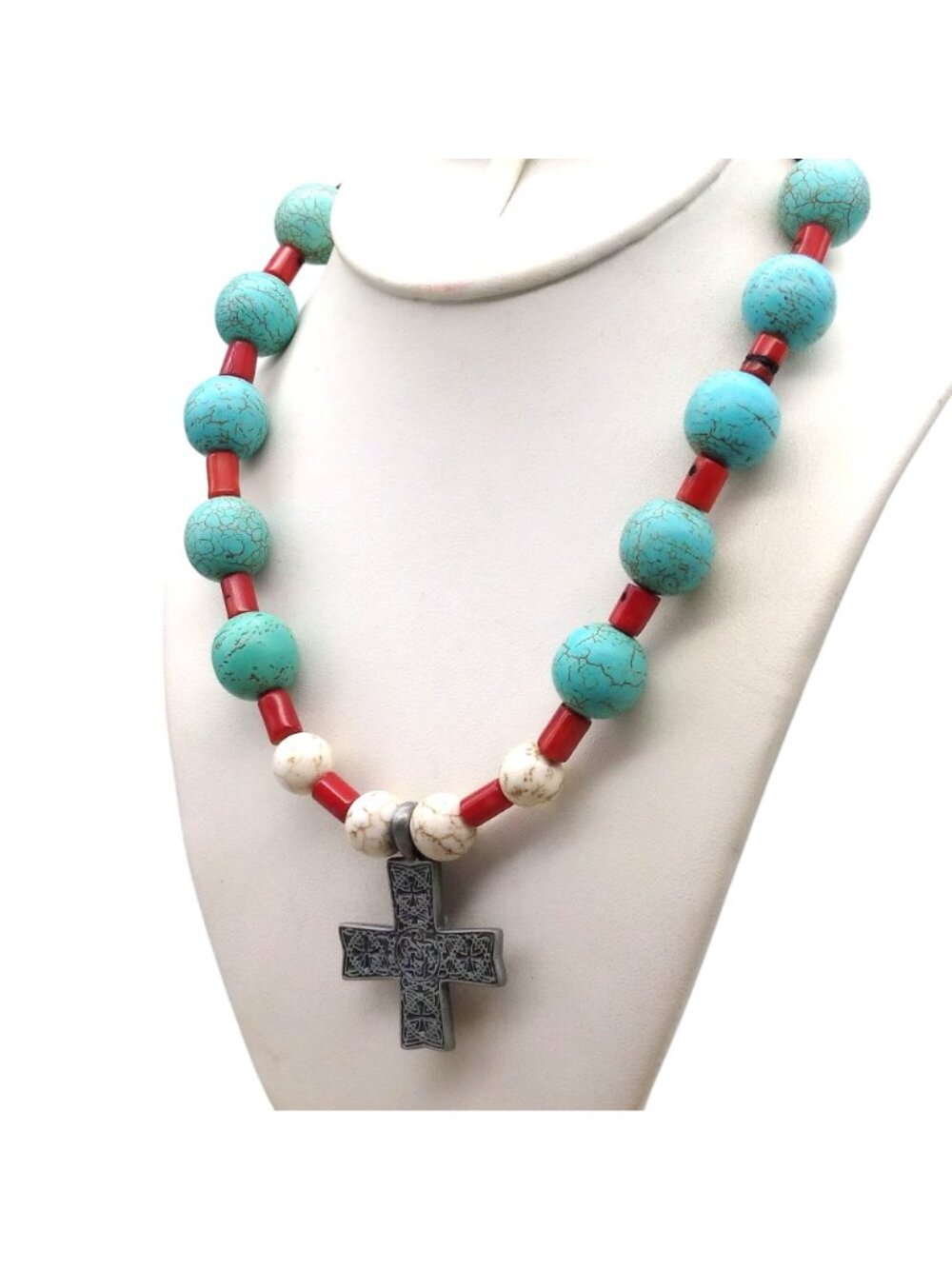 Howlite Beaded Pendant Necklace, Celtic Cross in Pewter Tone with Blue and White - Picture 2 of 5